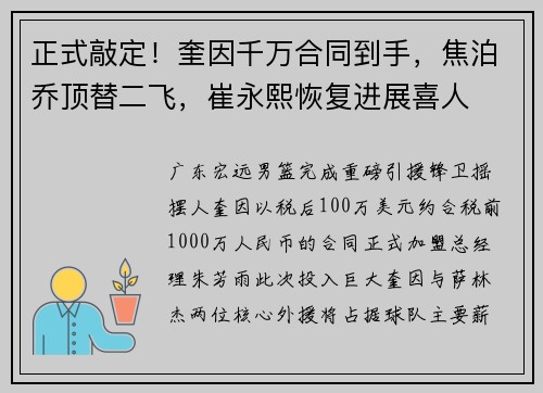 正式敲定！奎因千万合同到手，焦泊乔顶替二飞，崔永熙恢复进展喜人